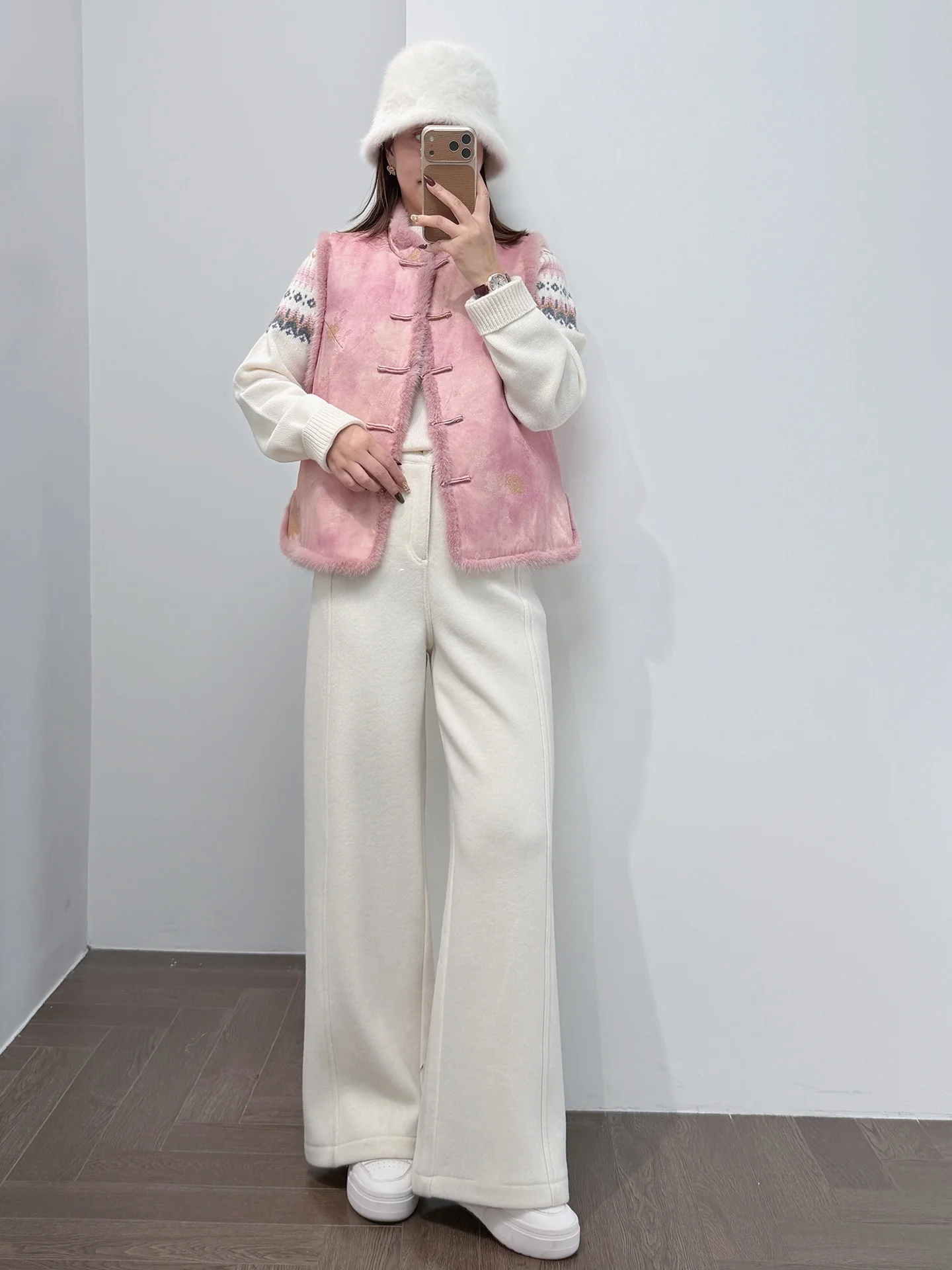 

Pink Goose down Fur Splicing New Chinese Sle Vest Women's Casual Wear Outerwear Wool Fabric Stand Collar Regular Length