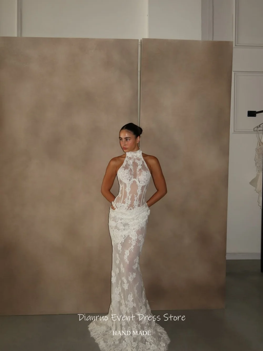 Dianruo Vintage Appliques Wedding Dress Halter Neck Sleeveless Mermaid Robe De Mariée Lace Vestidos Novia Bohemio Customized