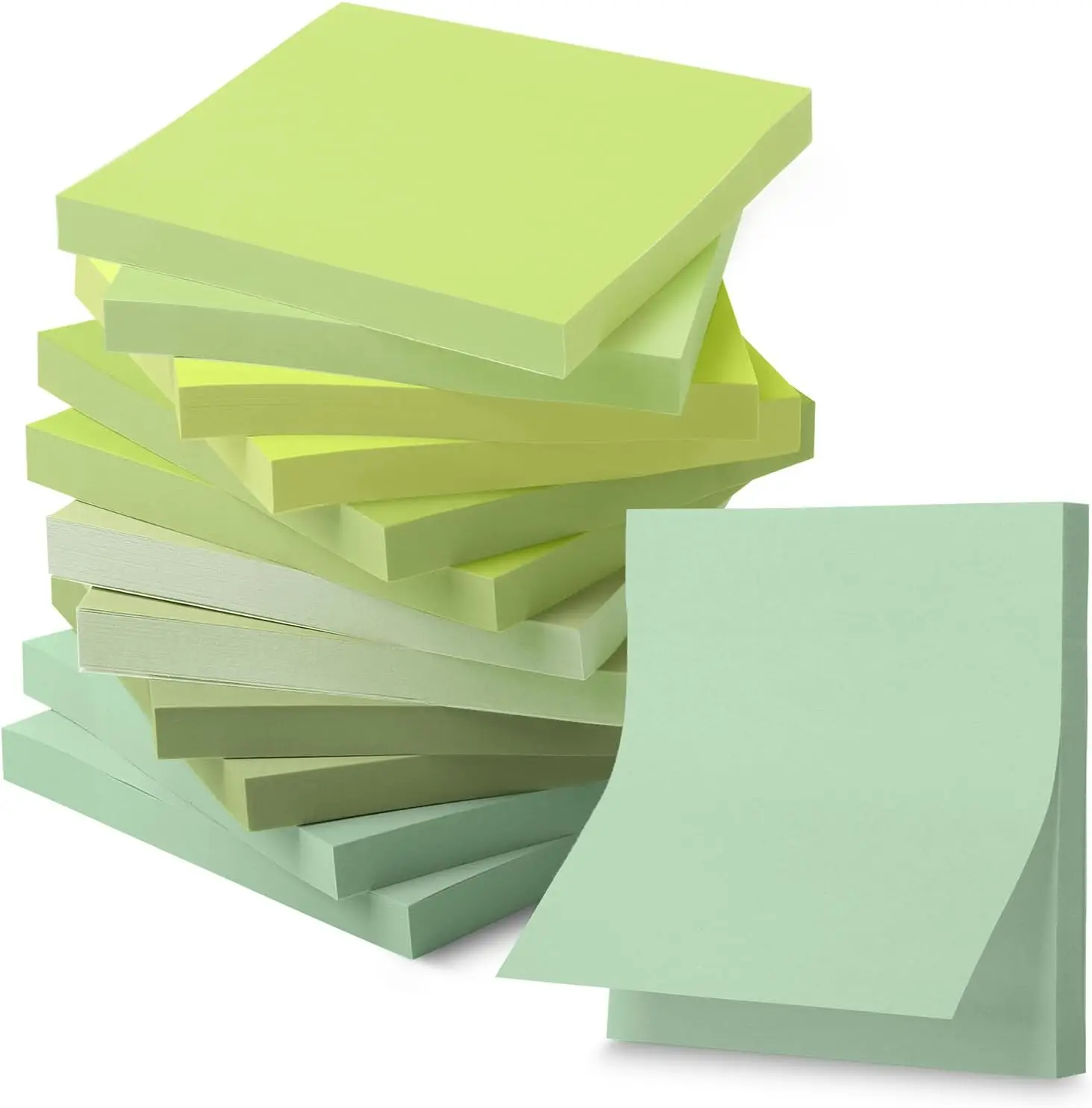 Hi-Go Sticky Notes, 3"x3", 12 Pads, 600 Sheets, Shades of Green, Sticky Notes Bulk, Self-Stick Note Pads, Perfect for Office, School, Home, Study & Organization