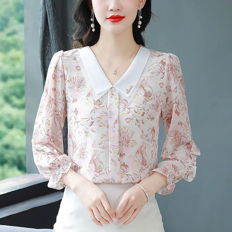 แฟชั่นพิมพ์เสื้อเชิ้ตแขนสามในสี่เสื้อชีฟองผู้หญิงฤดูใบไม้ผลิฤดูใบไม้ร่วงรุ่นใหม่ลดอายุกระชับสัดส่วนฐานอเนกประสงค์