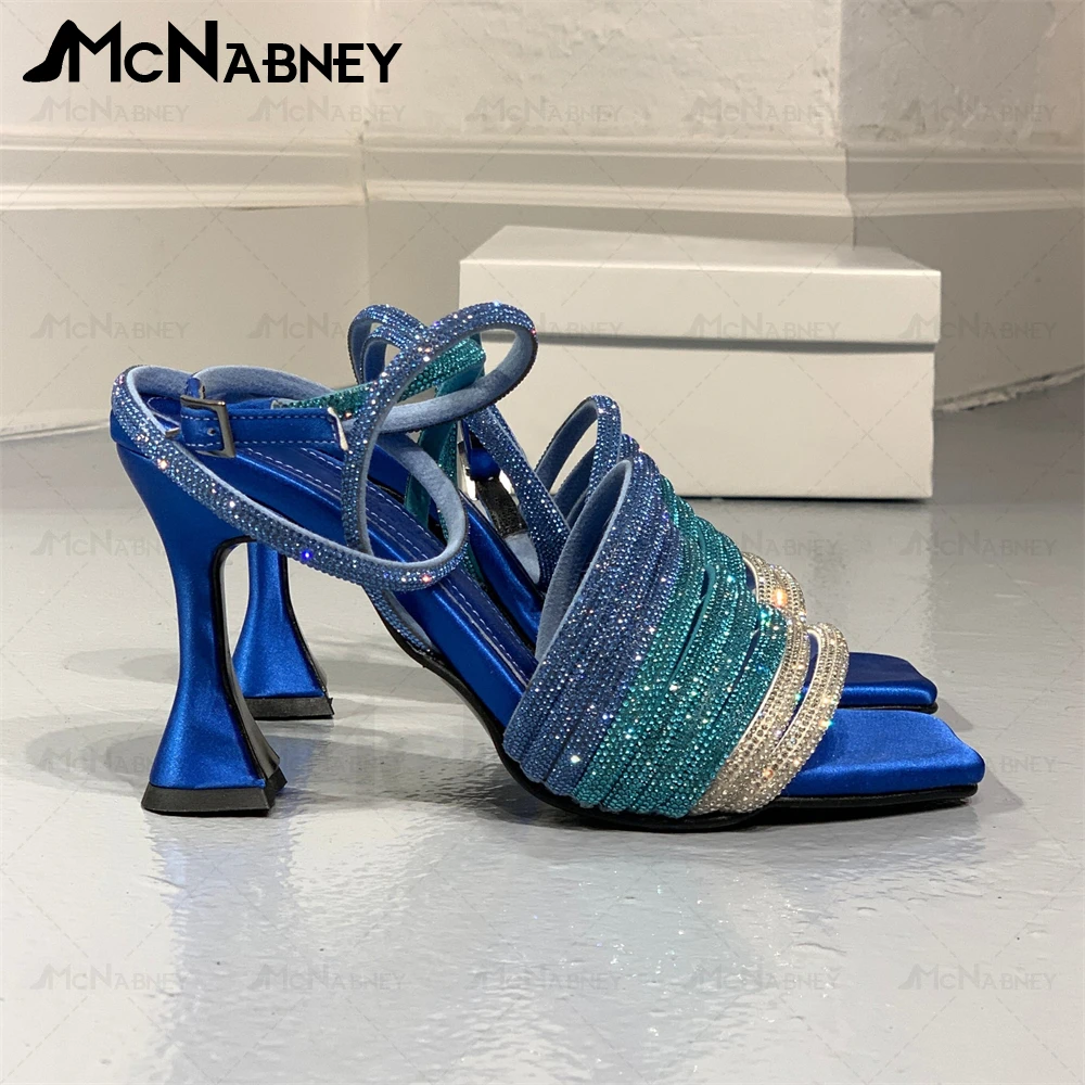 Blue Rhinestone Sandals Ankle Strap Gradient Crystal Sandals Strange Heel Summer Shoes Luxury Style Custom Color Leather Sandals