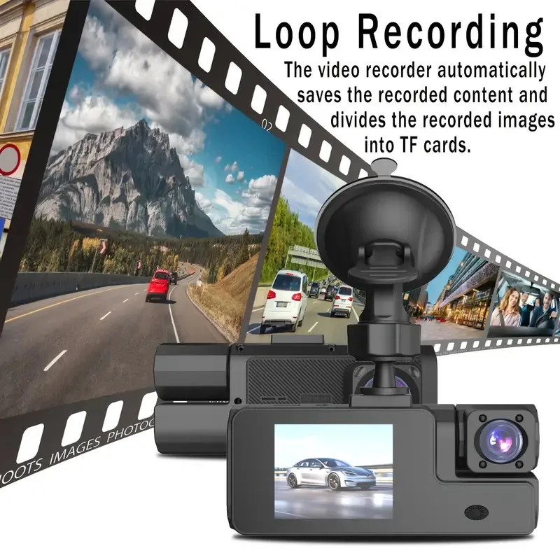 Registratore per auto a tripla lente HD 1080P con visione notturna, 170 °   Ampio angolo, vista anteriore/interno/posteriore, monitor di parcheggio 24 ore, loop Reco