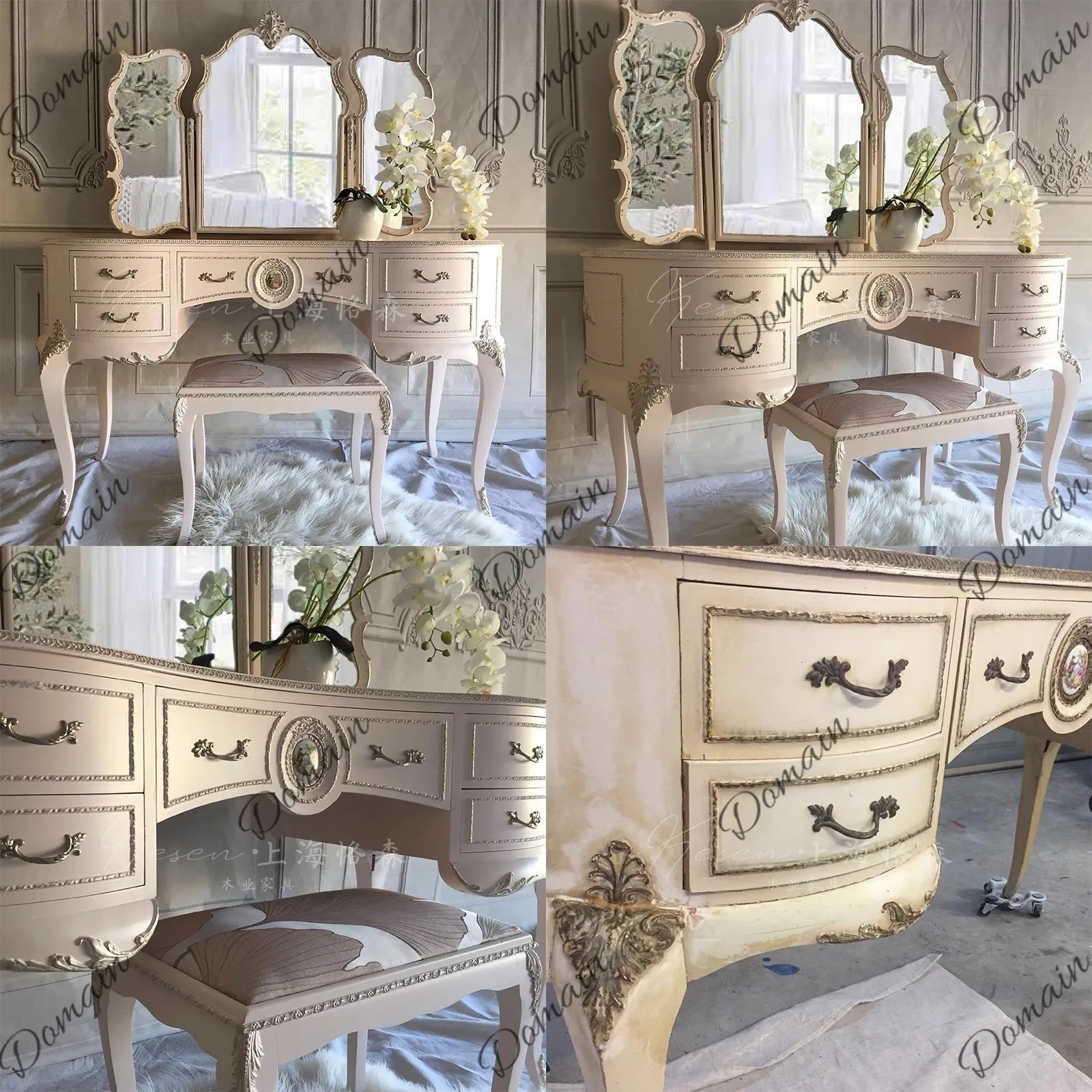 Modern Pink Vanity Table with Mirror for Girls, Solid Wood Dresser Makeup Desk for Bedroom, French Style Customizable
