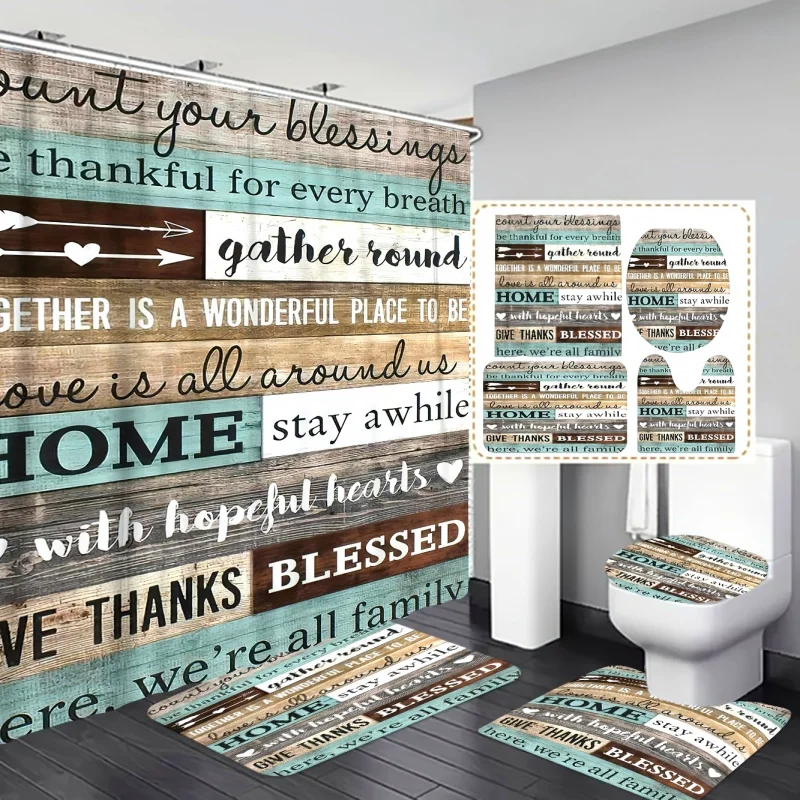 1/3/4pcs Light Blue Wood Grain Letter HOME Style , Shower Curtain With 12 Hooks, Bathroom Rug, Toilet U-Shape Mat,