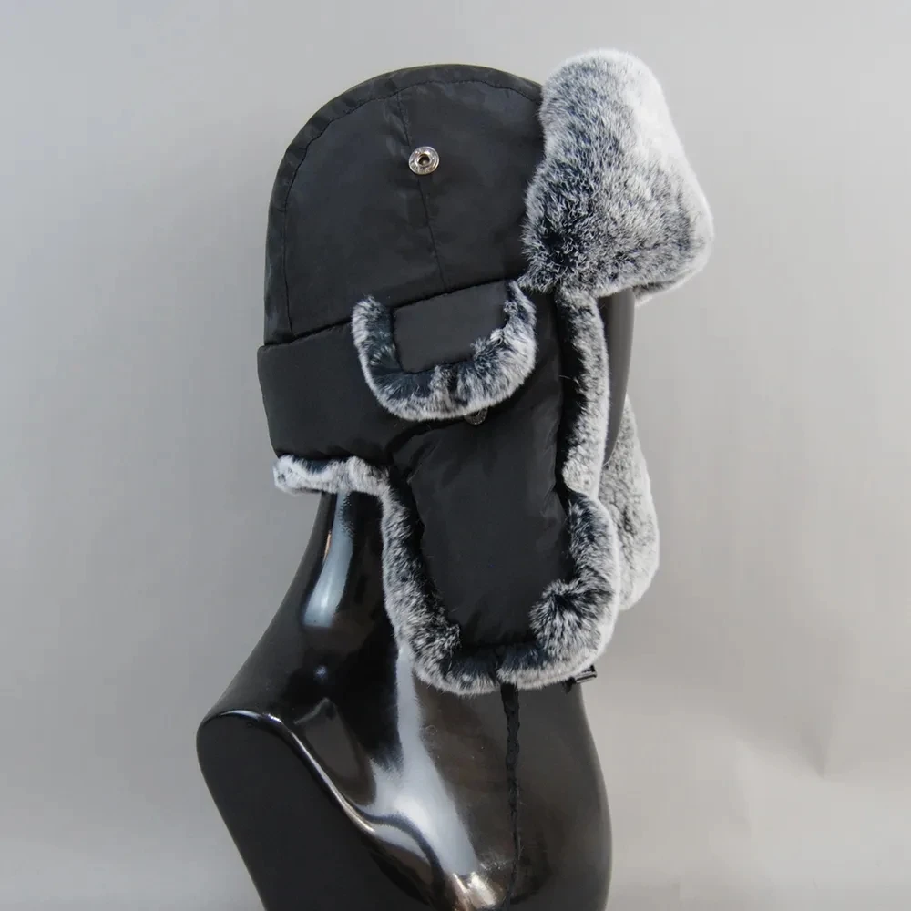 Hot Sale 2025 New Style Real Rex Rabbit Fur Bomber Hats Outdoor Winter Men Warm Russian Ushanka Hat With Ear Flap Rabbit Fur Cap