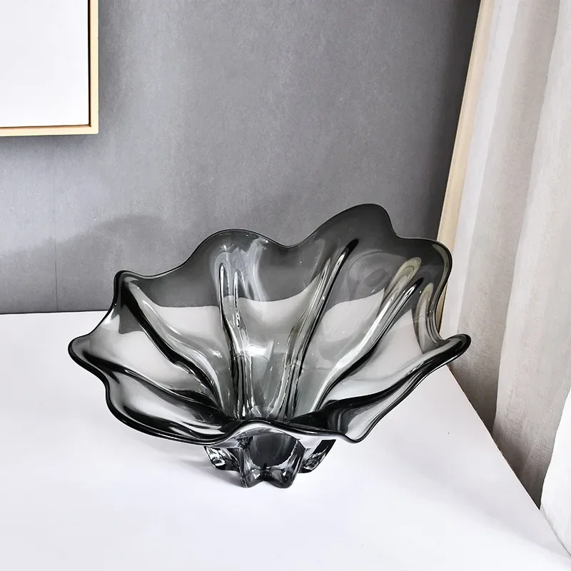 Modern Amber Glass Fruit Bowl Large Crystal Serving Plate European Style Daffodil Design Gold Accent Living Room Decor Tray