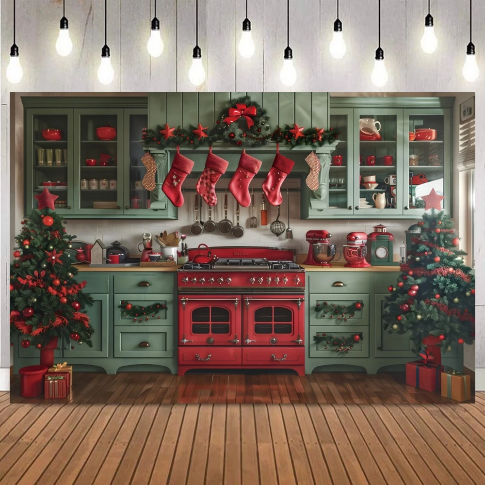Kitchen Theme Christmas Backdrop Family Warm Winter Red Green White Wood Cabinet Wreath Backgrounds Photography Props
