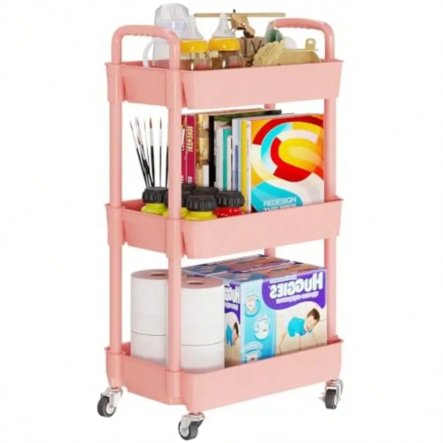 MX 3-Tier Rolling Cart With WheelsMultifunction Utility Storage Carts Kitchen Storage Organizer Mobile Shelving Unit For Bathroom Laundry With Classified Stickers Pink
