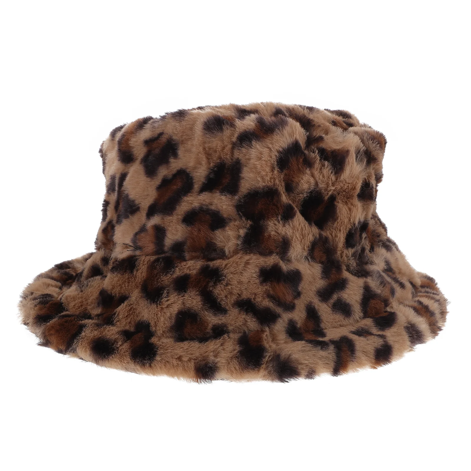 Warm Faux Fisherman Caps Leopard Bucket Hat Animals Fur Brown Polyester Women's