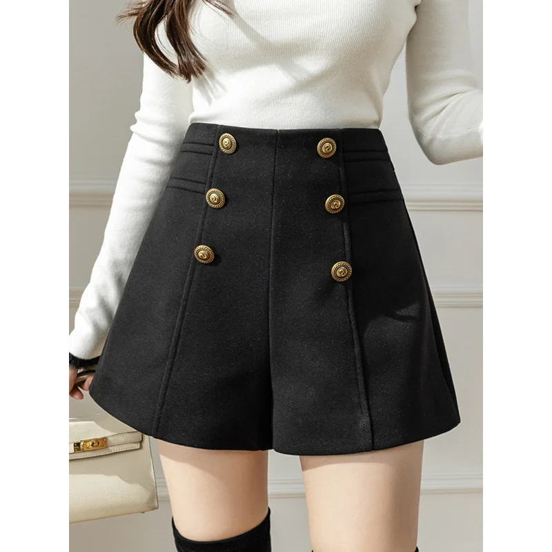 Casual Woolen Suit Shorts for Women2024Autumn and Winter Clothing New High Waist BreastedaWord Wide Leg Pants Outer Wear Boots P