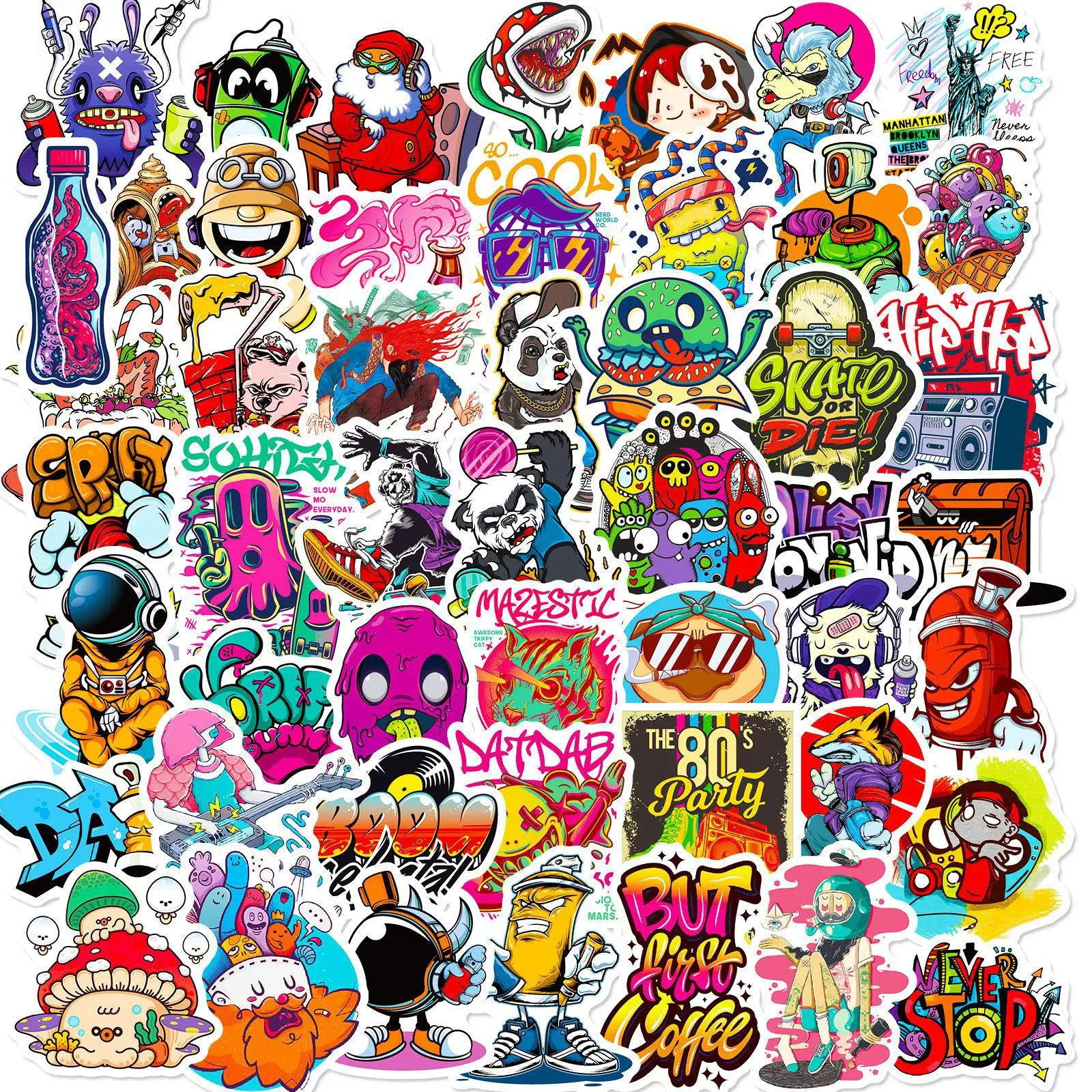 50 Pcs Street Art Cartoon Stickers Decals for DIY Creative Stationery Accessories Journaling Supplies Helmet Decoration