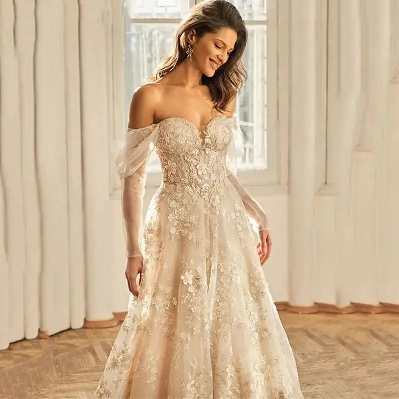 Lorencia Neue Langarm Spitze Hochzeit Kleid für Braut Plus Größe 3D Applikationen Brautkleid Vestido De Novia Robe De Ehe YAW44