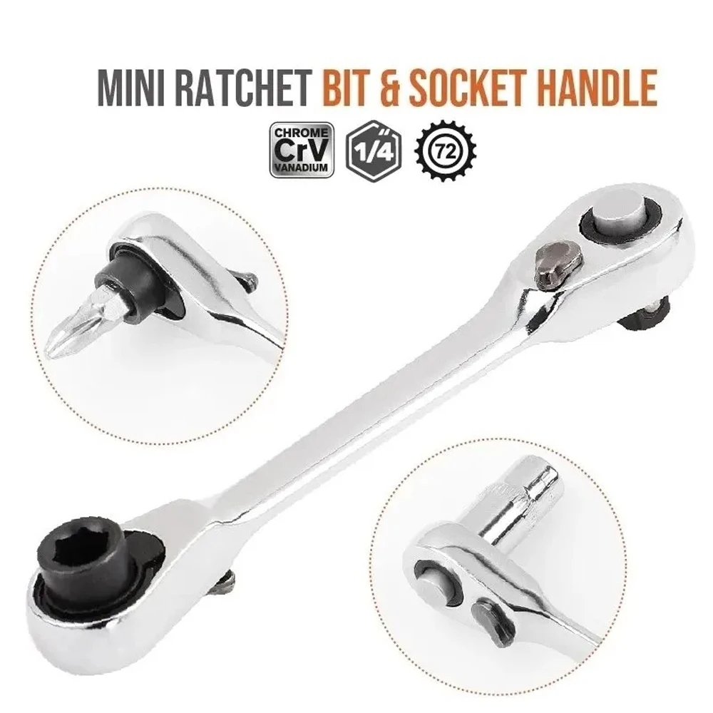 Mini Double Ended Ratchet Wrench 1/4 Inch Quick Release Socket 72-Tooth Hex Hand Repair Tool with Torque Screwdriver Function