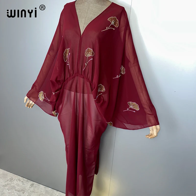 WINYI-vestido sexy con cuello en V, perspectiva de diamantes de imitación, Abaya musulmana para mujer, ropa de playa, caftán de moda, abaya de lujo de Dubái