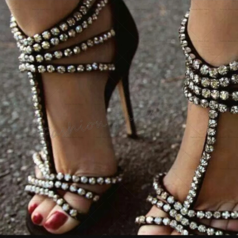 

Black Open Toe Crystal Sandals Hollow Out Stilettos High Heels High Heel Shoes for Women Sexy Heels 2025 New Zapatos Para Mujere