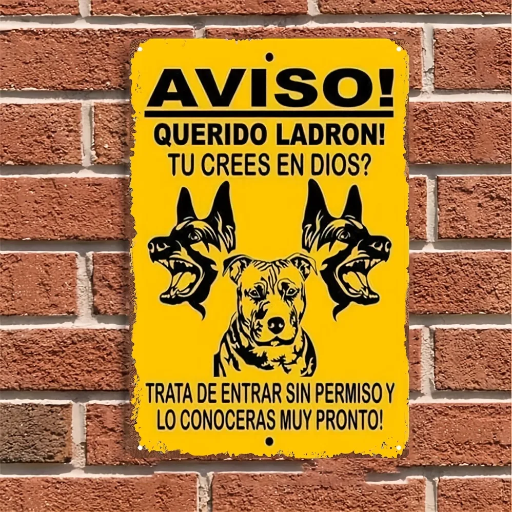 Spanish Warning with Three-Headed Dog Design, Traditional Wall Decor for Home & Outdoor, No Power Needed, Easy to Hang, Metal
