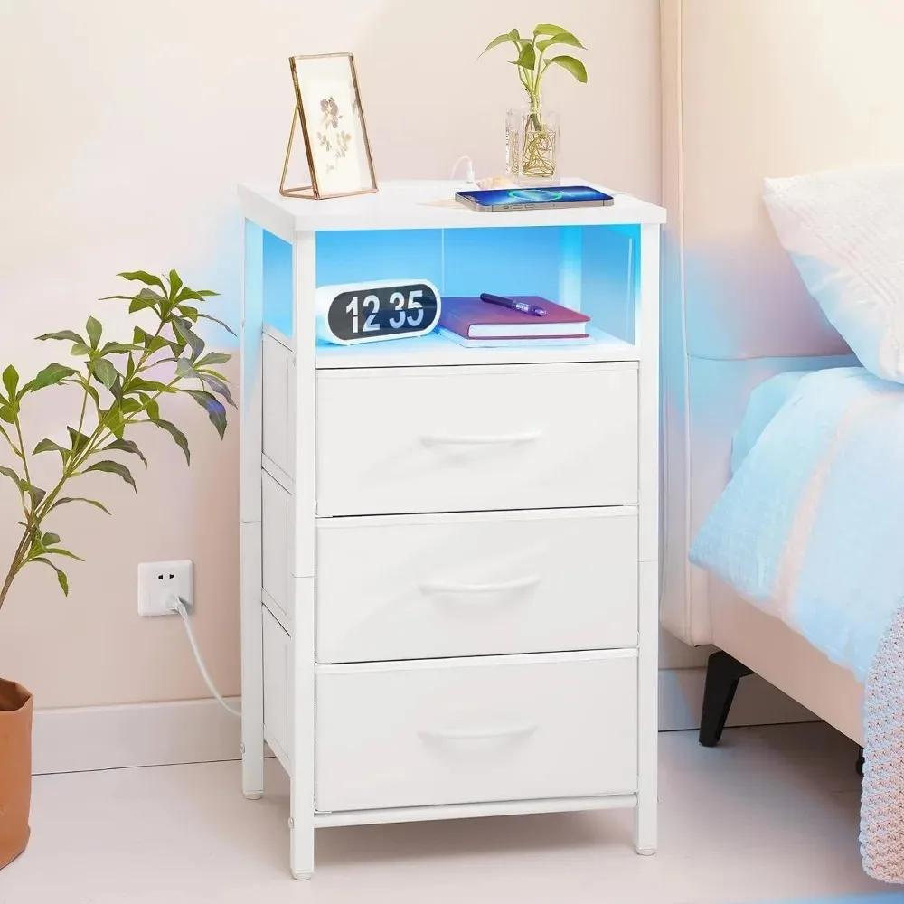 16 Colors LED Nightstand With USB Ports and Outlets Bedroom Furniture End Table With 3 Fabric Drawers and Storage Shelf Bedside