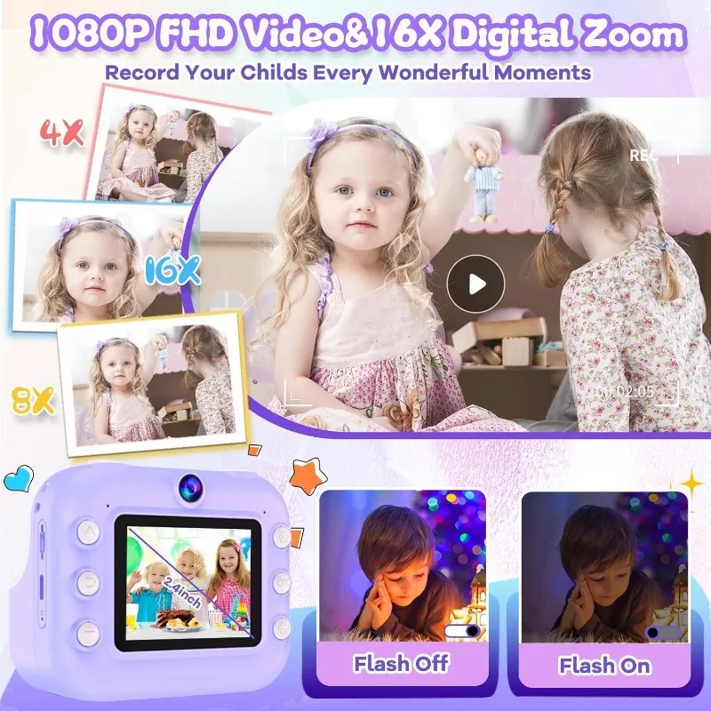 Camera Instant Print 48MP Kids Selfie Digitale Camera, 1080P HD Kindervideorecorder, 2,4 "peutercamera met printpapier