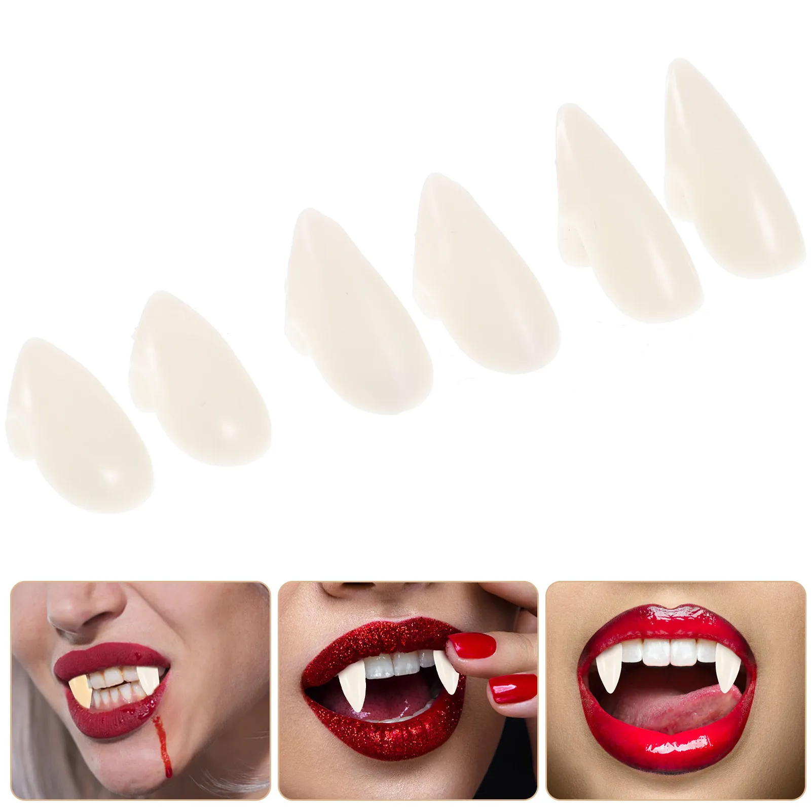 

3Pairs Vampire Fake Teeth Caps Resin Rigid Natural Color 13Mm 15Mm 17Mm Clear Box Halloween Costume Fang