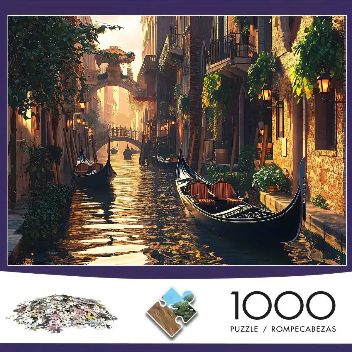 1000pcs Venice Canal Sunset Puzzle | Large Italian Gondola and Venetian Architecture, Iconic Rialto Bridge, Challenging Adult