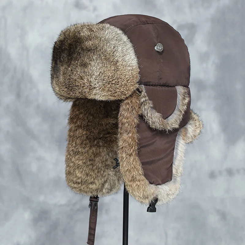 Mens Women Unisex Warm Trapper Aviator Trooper Earflap Winter Warm Flaps Ski Hat New Bomber Hat 100% Natural Real Rabbit Fur Cap