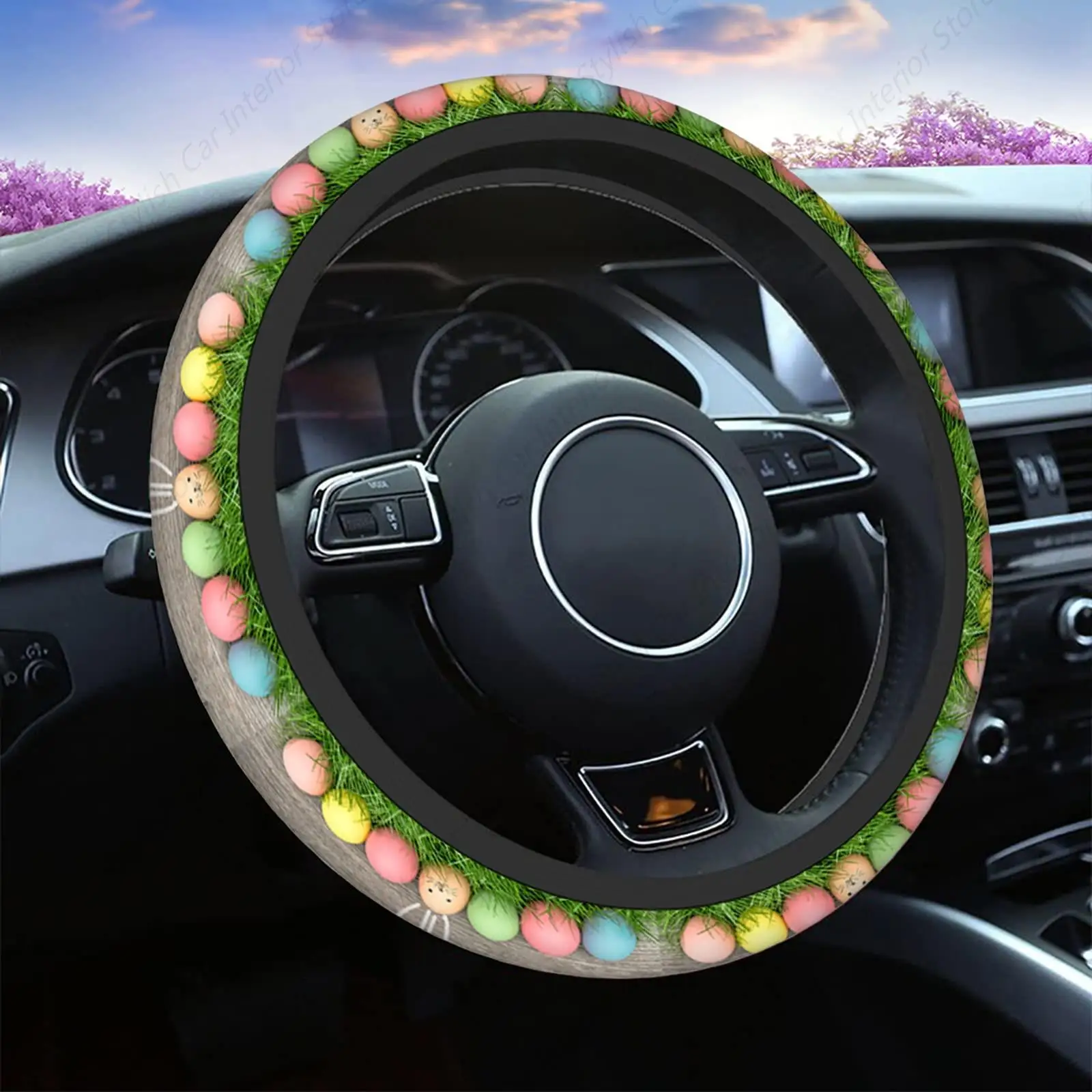 Wood Auto Car Steering Wheel Cover Colorful Easter Eggs Bunny Ears Grass Wooden 15 Inch Steering Wheel Protector Case