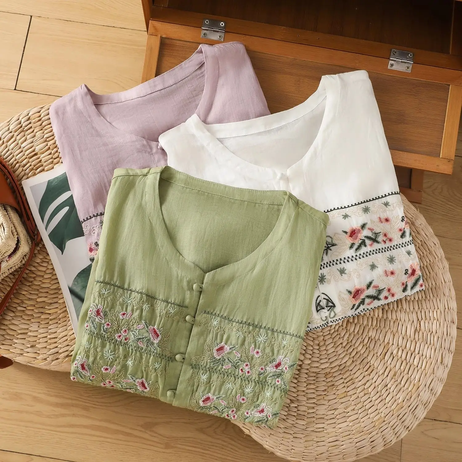 Retro Cotton and Linen Embroidered Seven Part Artistic Shirt Summer Versatile Loose Casual Top
