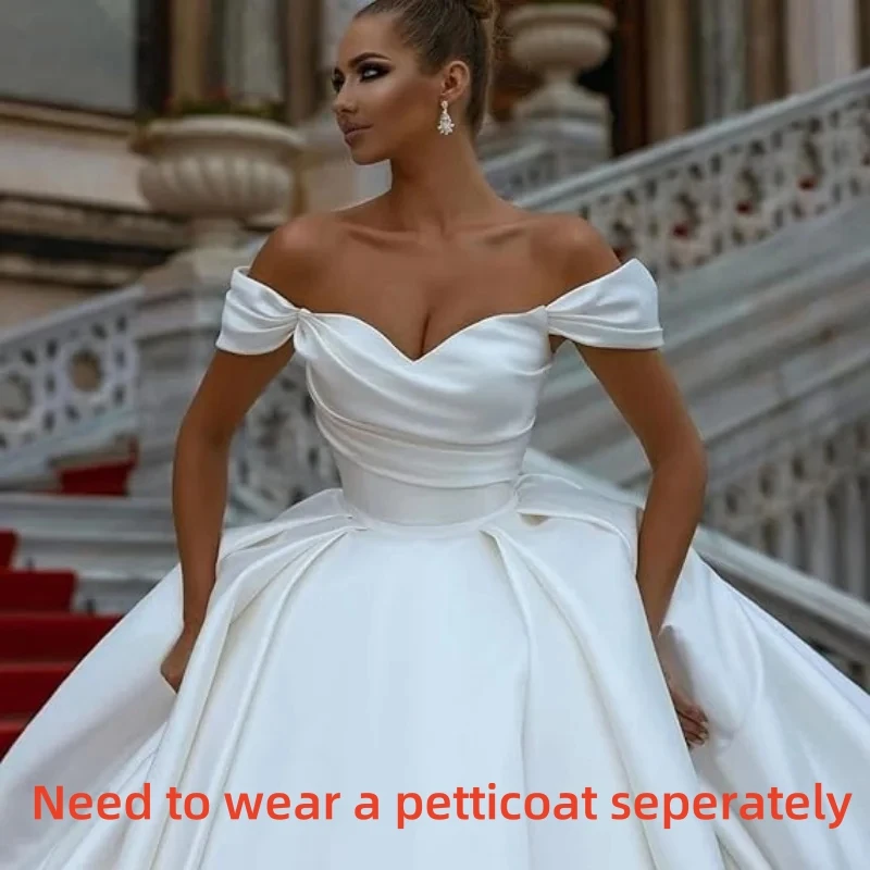 فساتين زفاف رسمية مكشكشة من الساتان قبالة الكتف، فستان زفاف بأكمام قصيرة على شكل قلب مع ذيل محكمة #4