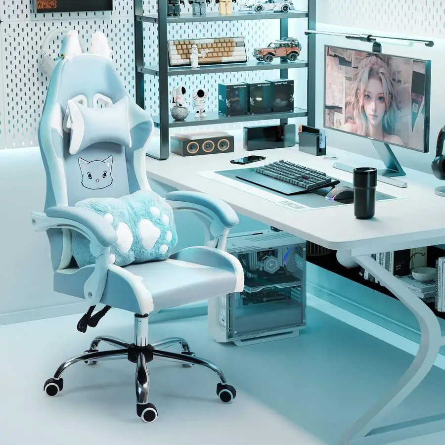 

Gaming Chair with Cat Paw Lumbar Cushion and Cat Ears, Reclining PC Game Computer Chair, Ergonomic Gamer Chairs