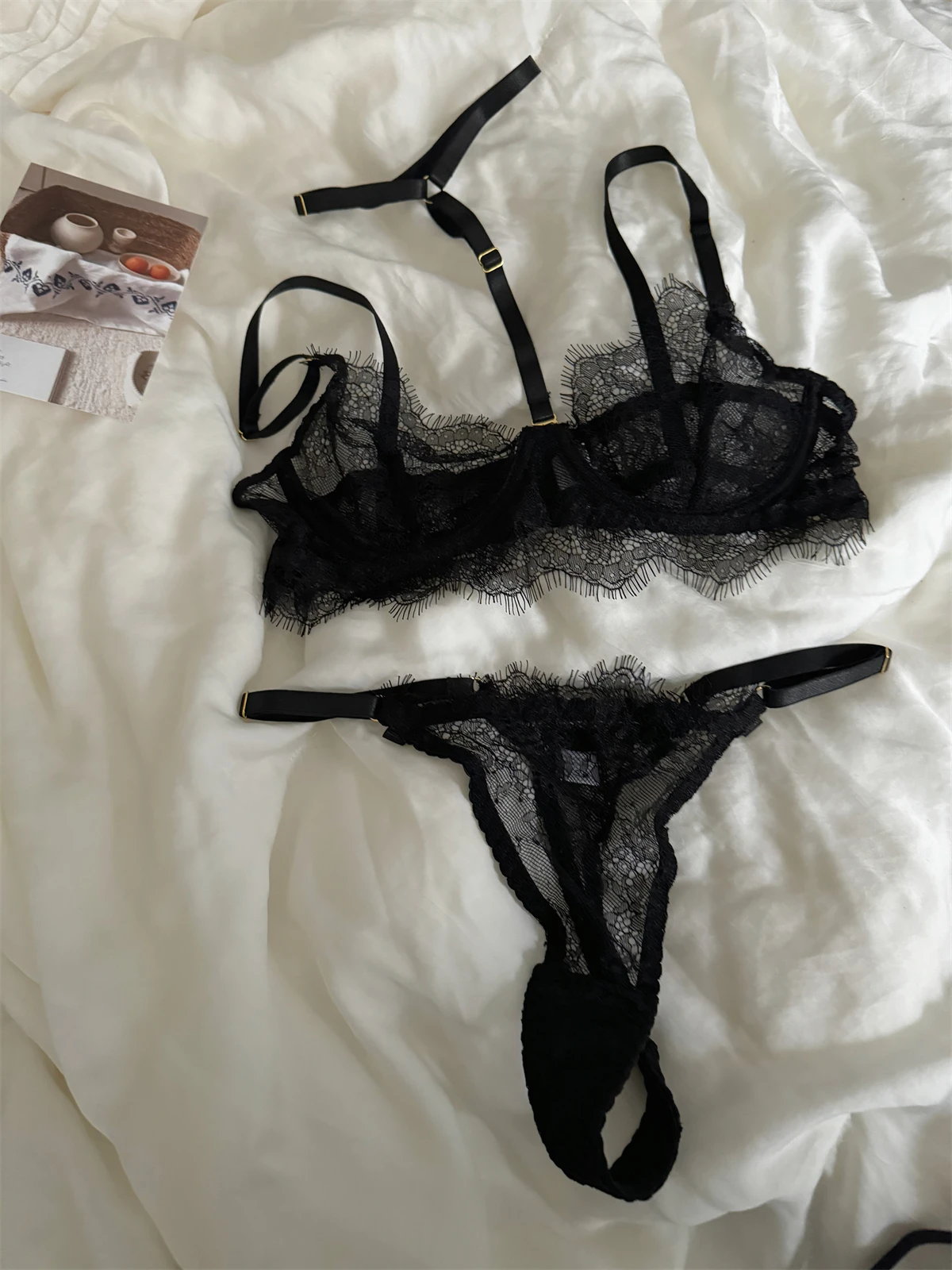 

Hanging neck removable lingerie niche thin section lace sexy thin section on the support bra suit underwear