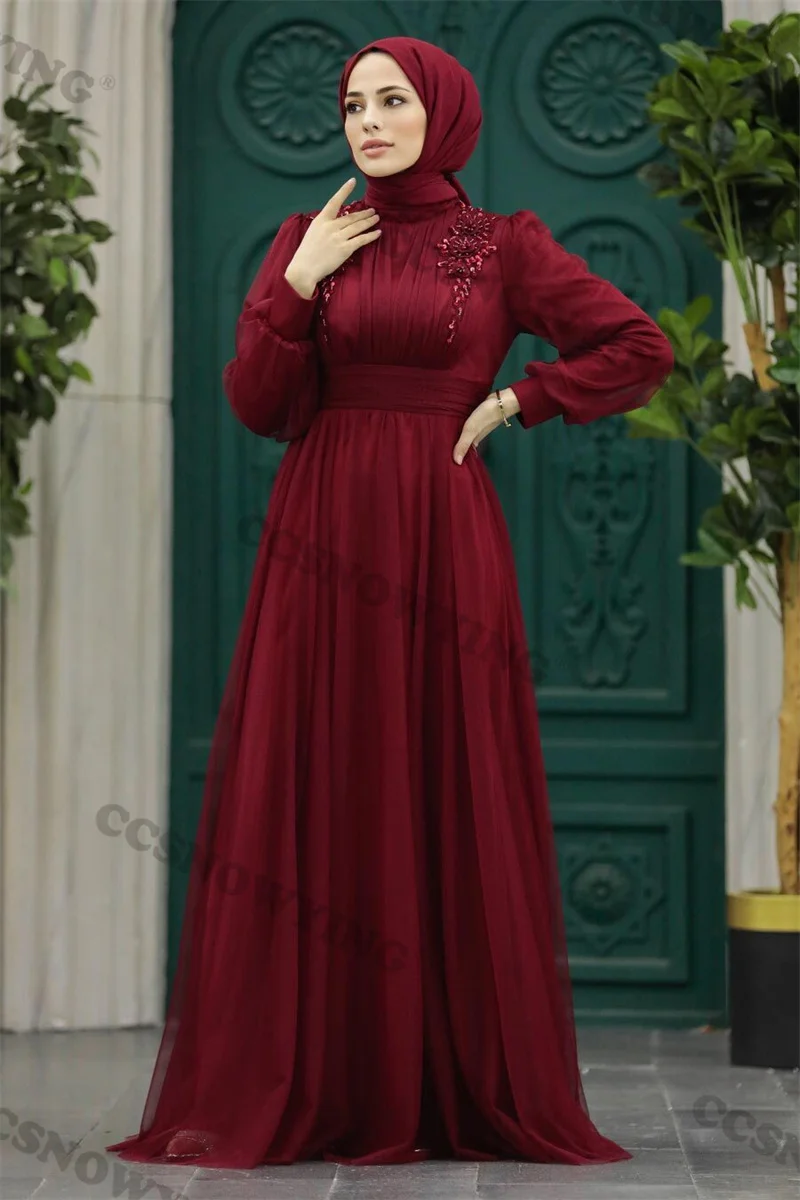 Burgundy Appliques Muslim Evening Dresses Tulle Long Sleeve Islamic Formal Party Gown Women Arabic Dubai Robe De Soiree