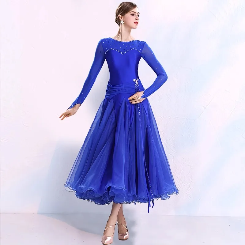 

Blue Ballroom Dance Dress Women ladies Performance Lace Waltz Practice Wear Clothes Competition Modern National Standard Costume