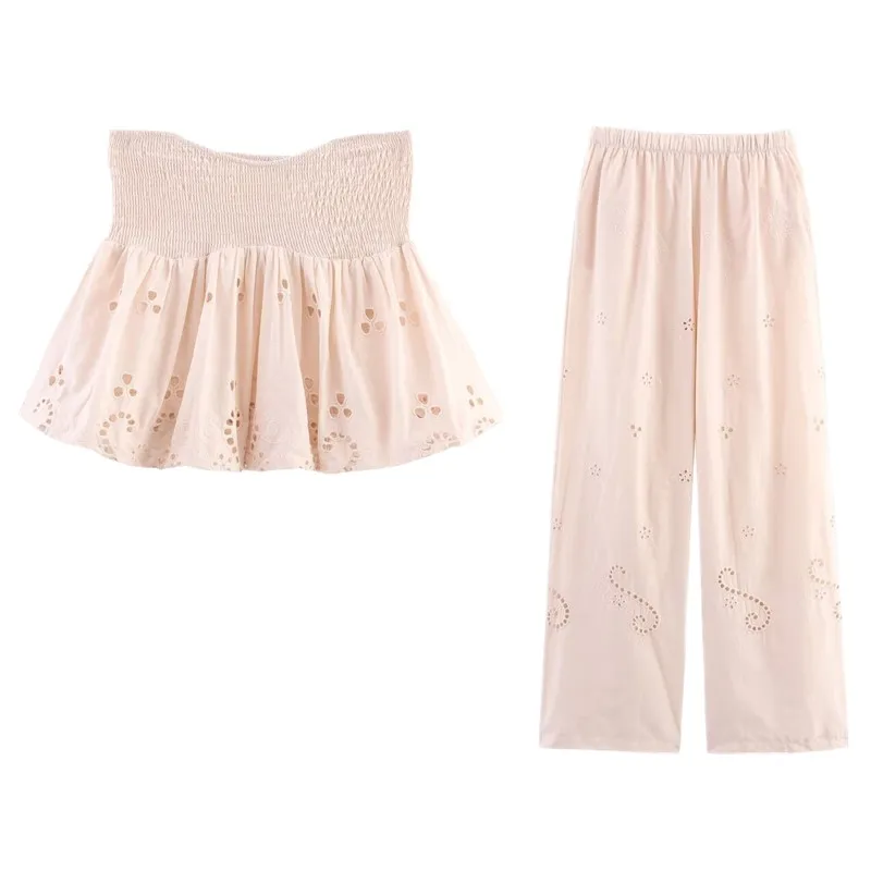 2025년 여름 신상 여성용 면 자수 벌룬 슬리브 탑과 롱 팬츠 패션 세트 라운드 넥 슬리브 라운드 넥