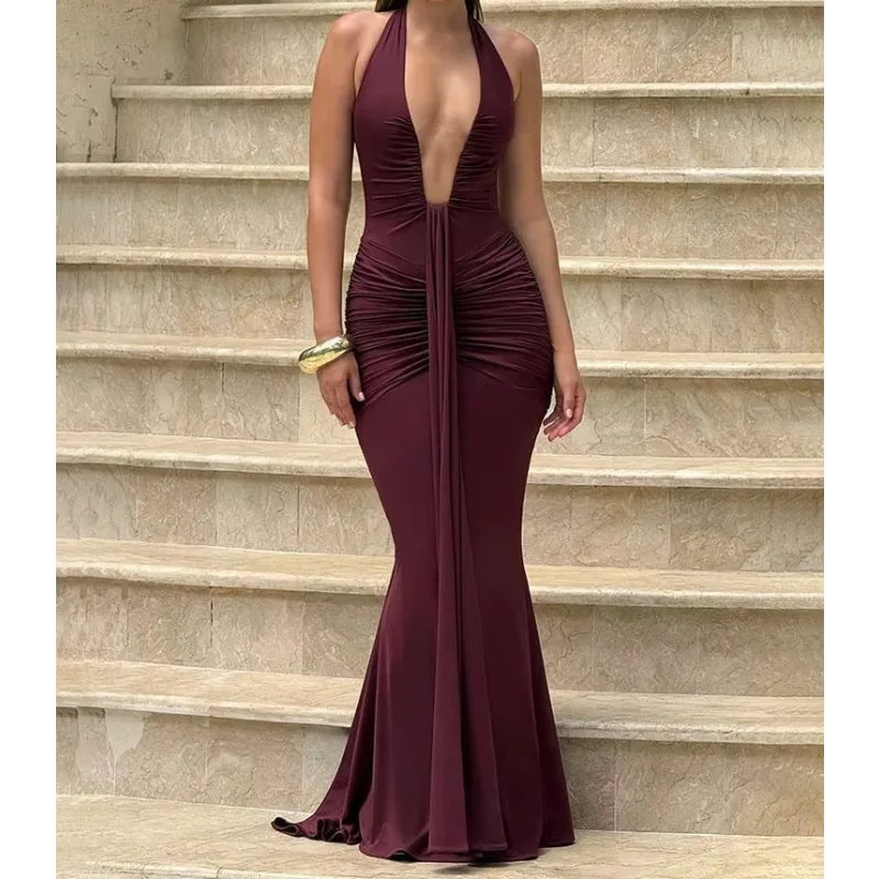 Women Deep V Neck Halter Draped Ruched Sleeveless Backless Maxi Dress Summer Party