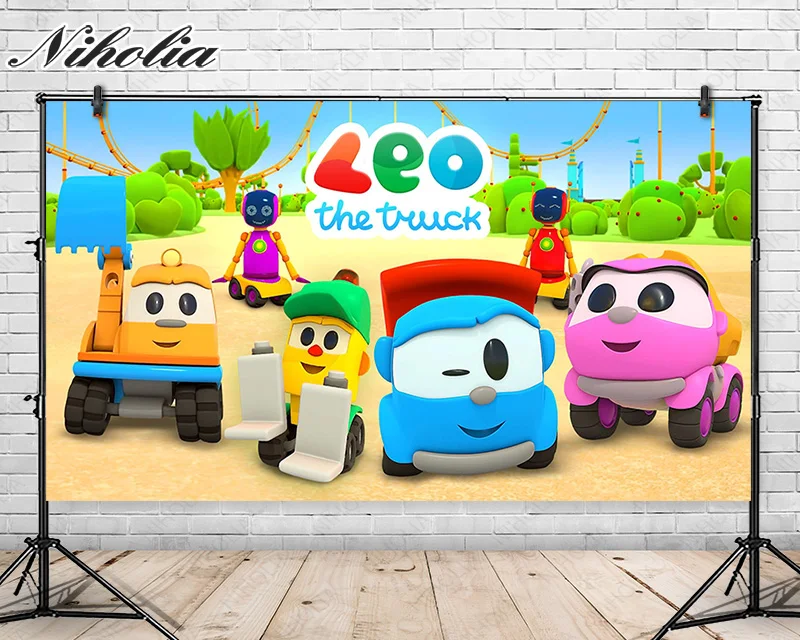 

Niholia Leo the Truck Background For Kids Birthday Party Photography Backdrop Cartoon Green Grass Vinyl Banner Props