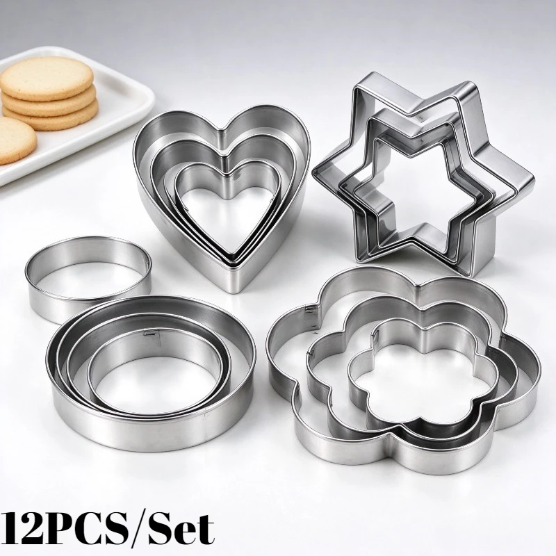 12PCS/Set Reusable Stainless Steel Cookie Molds Round Heart Star Flower Shapes Baking Biscuit Mini Cutters for Holiday Cake