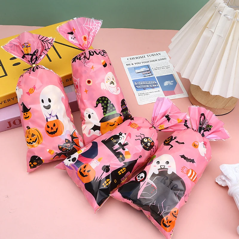 50-100 sacs à friandises roses sur le thème d'Halloween, motifs variés (fantômes effrayants, citrouilles, chauves-souris), pour cadeaux de fête et emballage ZYF