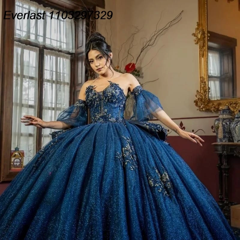 EVLAST Customized Navy Blue Quinceanera Dress Ball Gown 3D Flowers Applique Beading Corset Sweet 16 Vestidos De 15 Anos TQD705