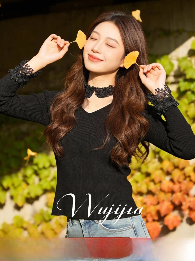 

Winter Knitted Sweater Large Size V-Neck Long Sleeve Overhead Hollow out Shoulder Ladies Casual Style Thick Polyester Fiber
