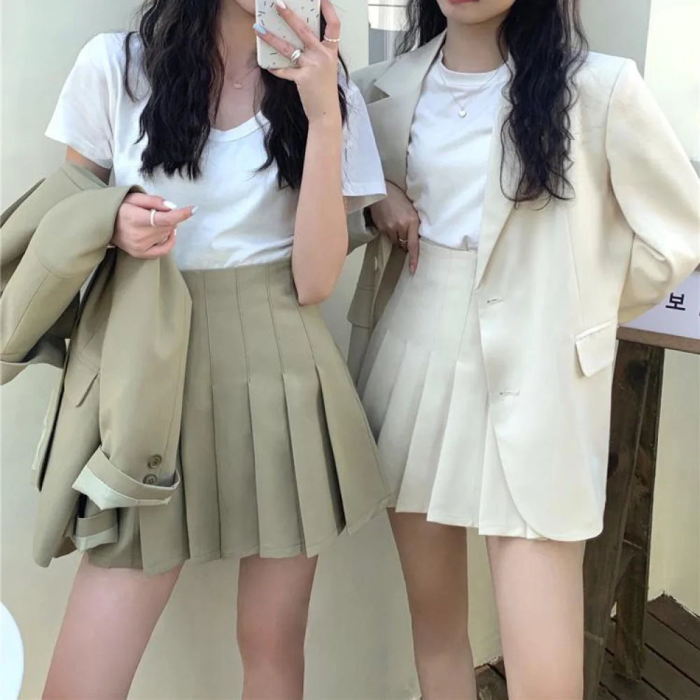 Women\'s Spring Blazer 2 Two Pieces Sets Korea Style Single Breasted Jacket Top & High Waist Mini Pleated Skirts Suits