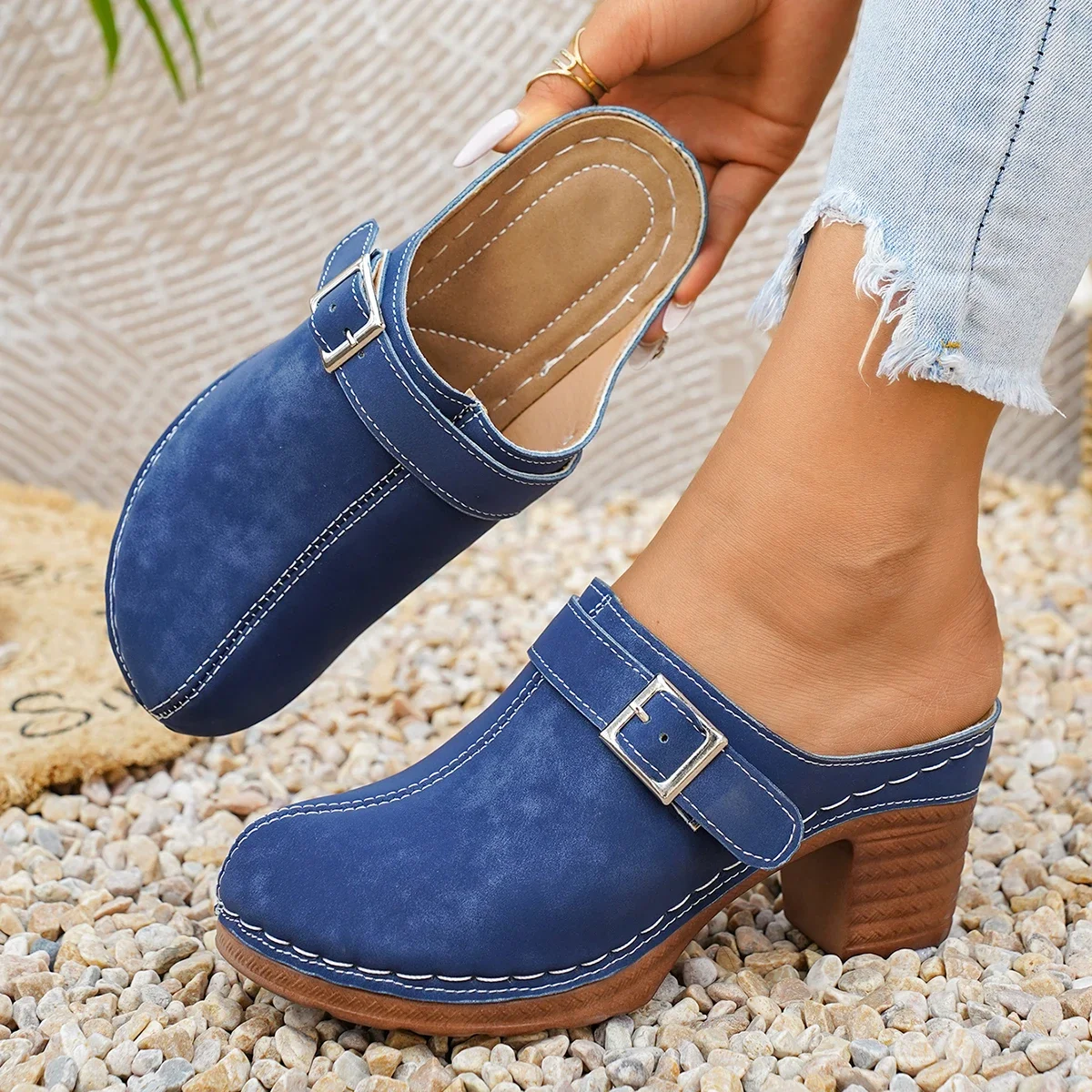 Damen Mules Pantoletten mit hohem Blockabsatz, geschlossene Zehenpartie, Slip-on, Vintage, Sommer, lässig, bequeme Wanderschuhe – Detail 10