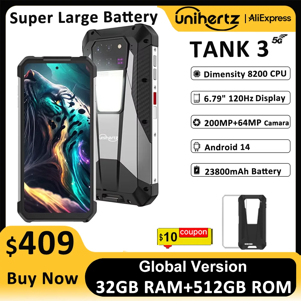 Unihertz 8849 Tank 3 by Smartphone 5G 32GB+512GB  200MP 120Hz 23800mAh 120W Charger Cell Phone Dimensity 8200 Mobile Phone