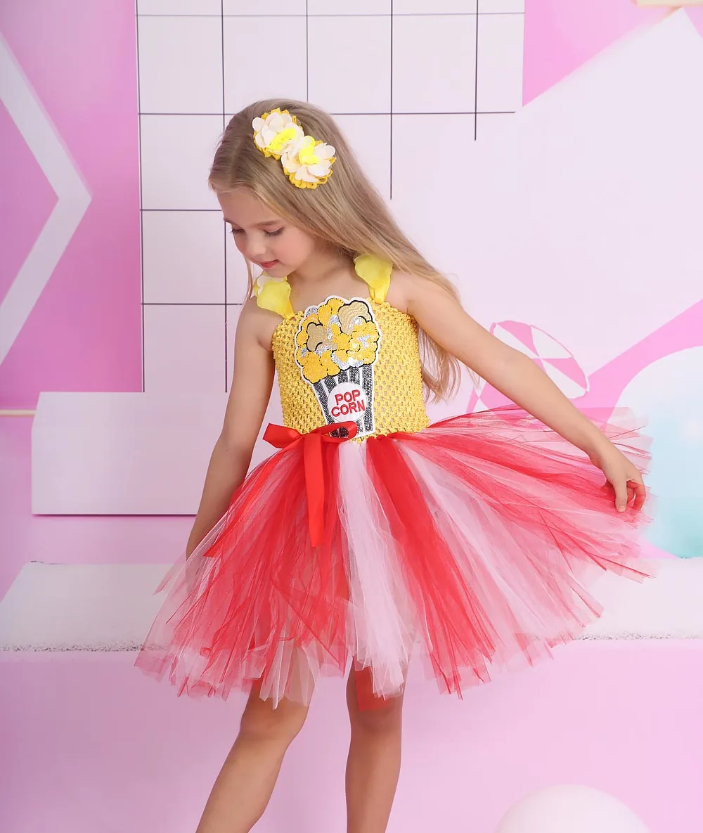 Circus Popcorn Girl Tutu Dress Kids Children Baby Birthday Outfit Photo Props Toddler Princess Food Dress Up Halloween Costume