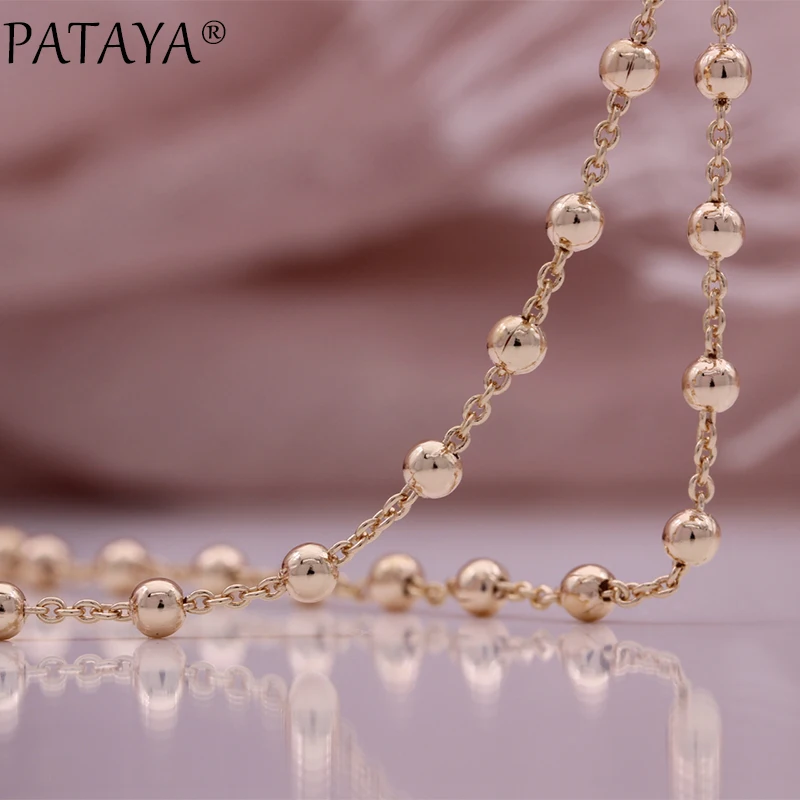 PATAYA 3mm Wide Round Beaded Bracelets 19cm Necklace 55cm 585 Rose Gold Color Ball Bead Link Chains Fashion Jewelry Gift for Wom