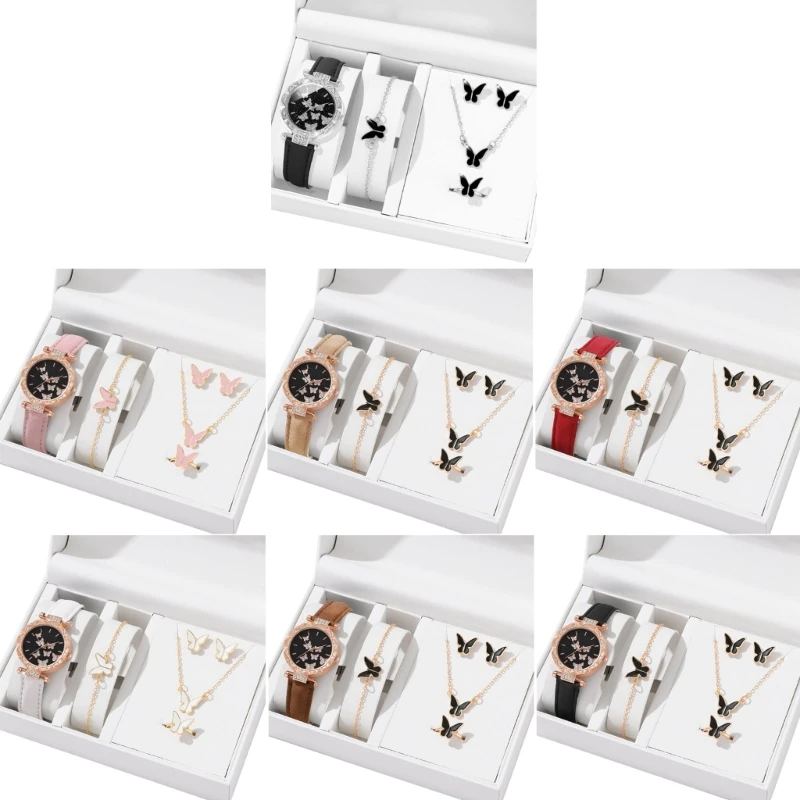 6pcs Fashion Butterfly Jewelry Set Luxury Watch Rings Necklace Earrings Bracelet for Women Ladies Wristwatch