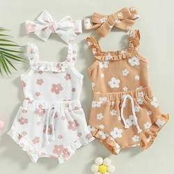 Newborn Baby Girls Summer Clothes Sets Floral Print Ruffles Sleeveless Waffle Rompers Bodysuits+Drawstring Shorts 3cps Outfits