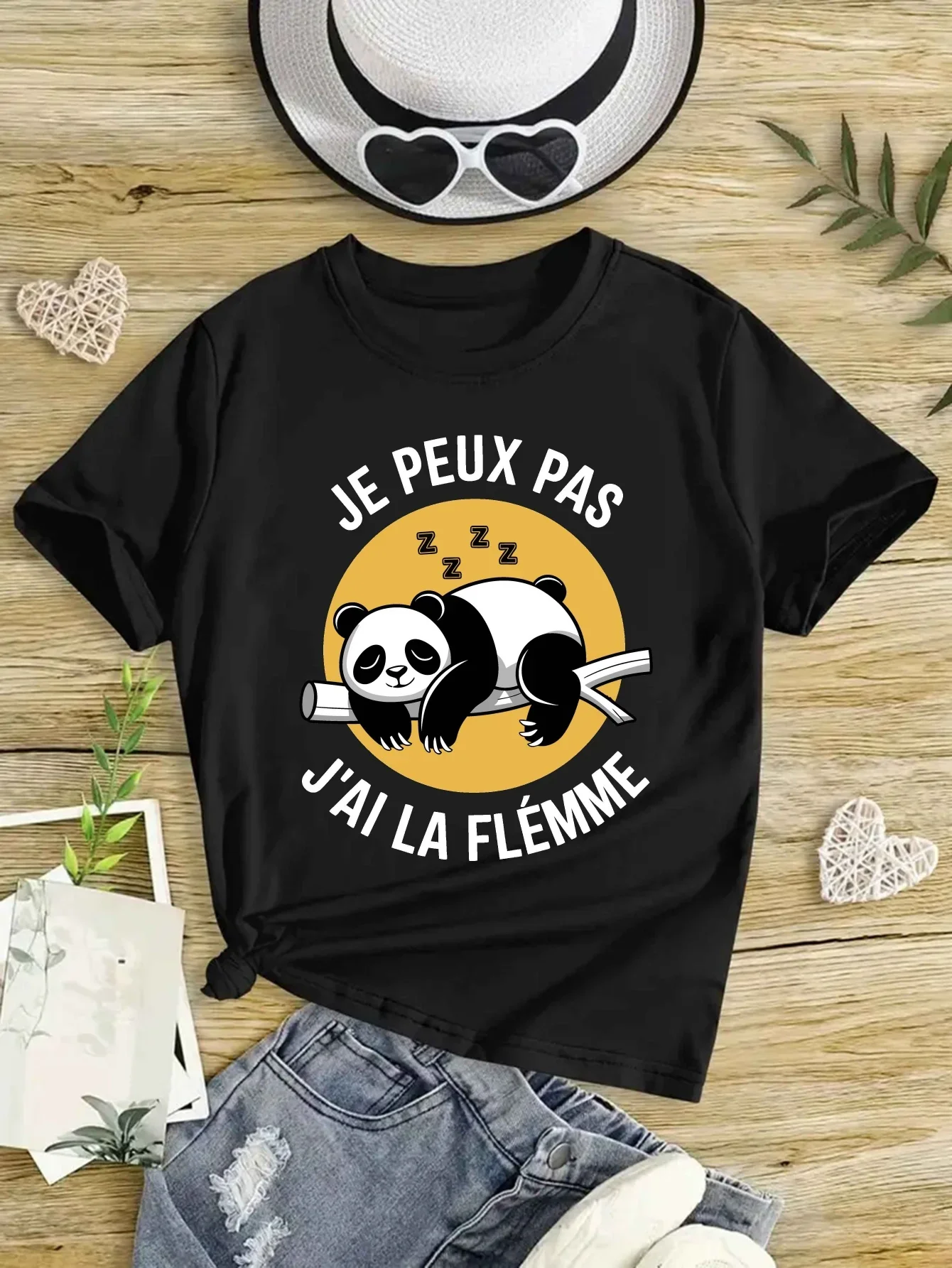 Funny Lazy Sleeping Panda French Phrase Print Short Sleeve Tee Relaxed Mood Animal Design Casual Outdoor Fashion Shirt For Child