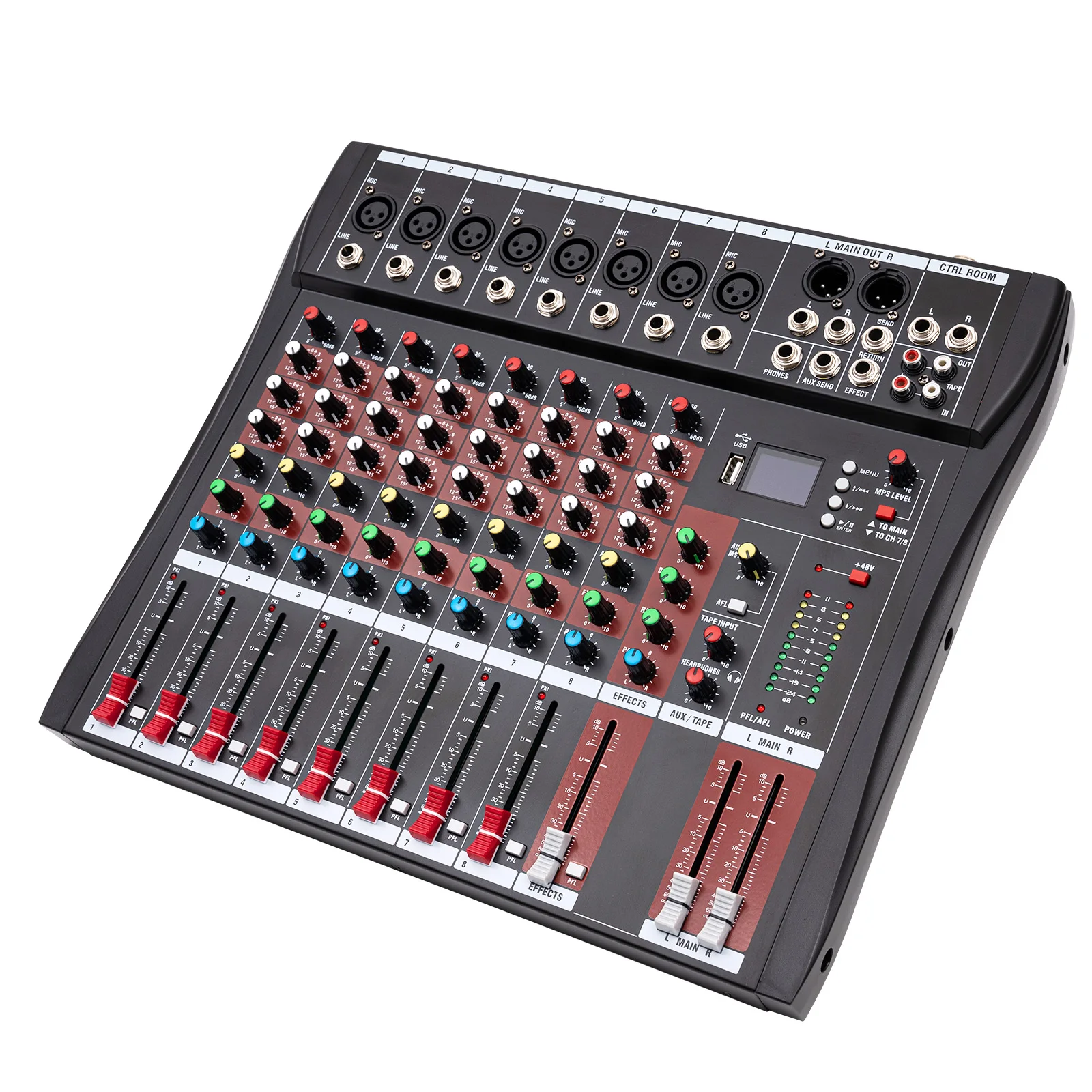 Mezclador profesional de 7/8 canales, tablero de sonido Konsole con Bluetooth USB entrada de grabación de PC conector de micrófono XLR