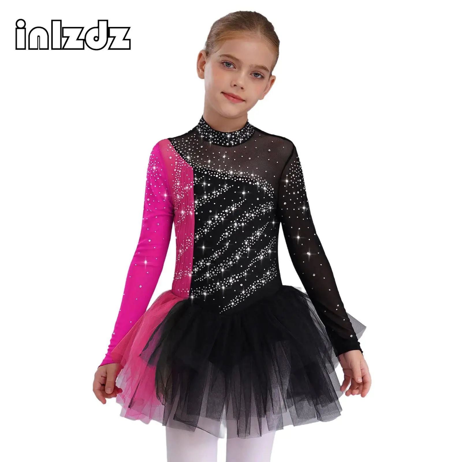 

Child Girls Figure Skating Dance Dress Ballet Jersey Gymnastics Performance Costume Shiny Rhinestones Tutu Dress for Dance Party