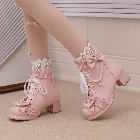 2024 New Autumn Winter Women Ankle Boots Plus Size 43 Pu Upper Modern Boots Lace Pearl Chain Bow Lolita Thick Heel Boots